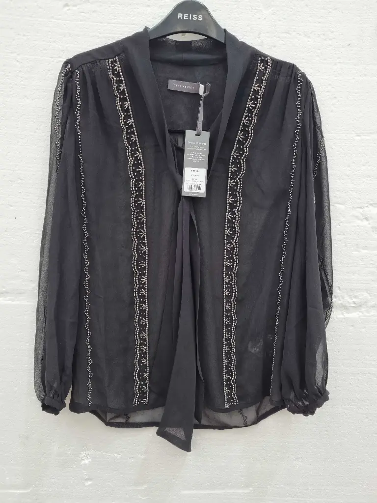 Mint Velvet Black Beaded Tie Neck Blouse  Size: Xsmall