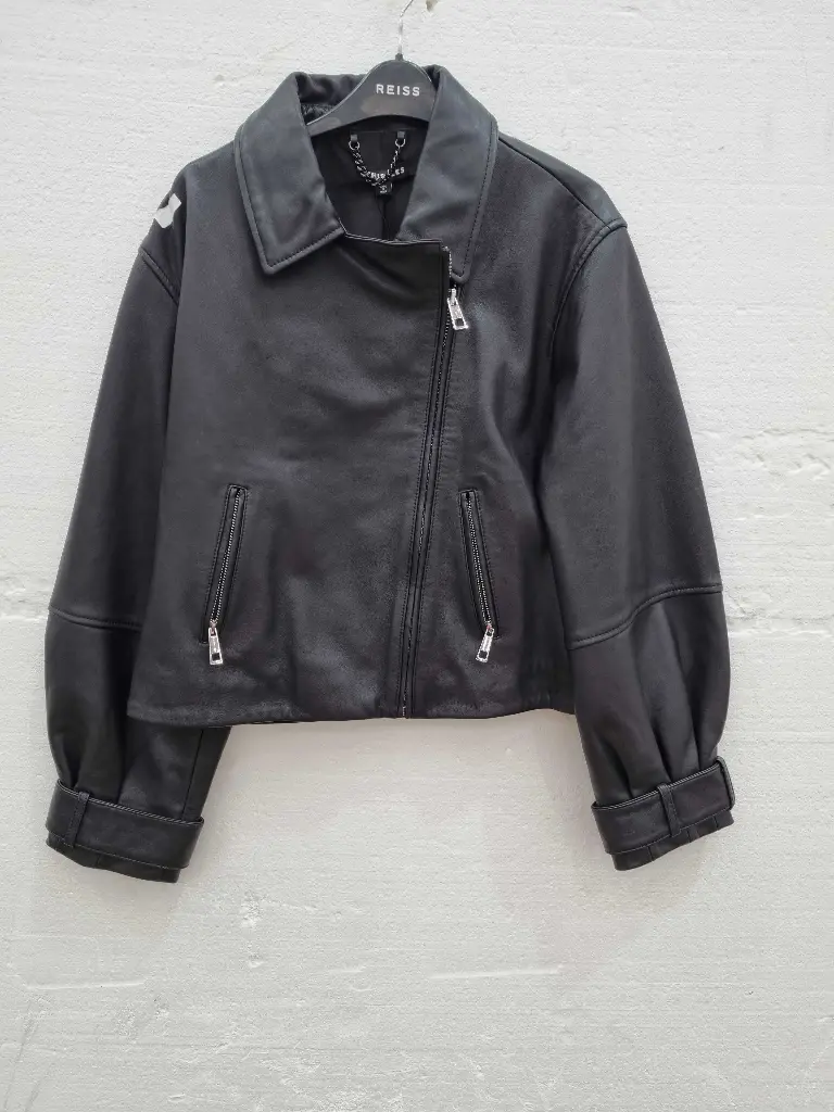 Whistles Black Ellis Balloon Sleeve Leather Biker Jacket  Size: Uk 12
