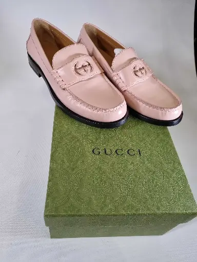 [VF4569] Gucci - Pink Interlocking G Leather Loafers Size: Uk 7.5